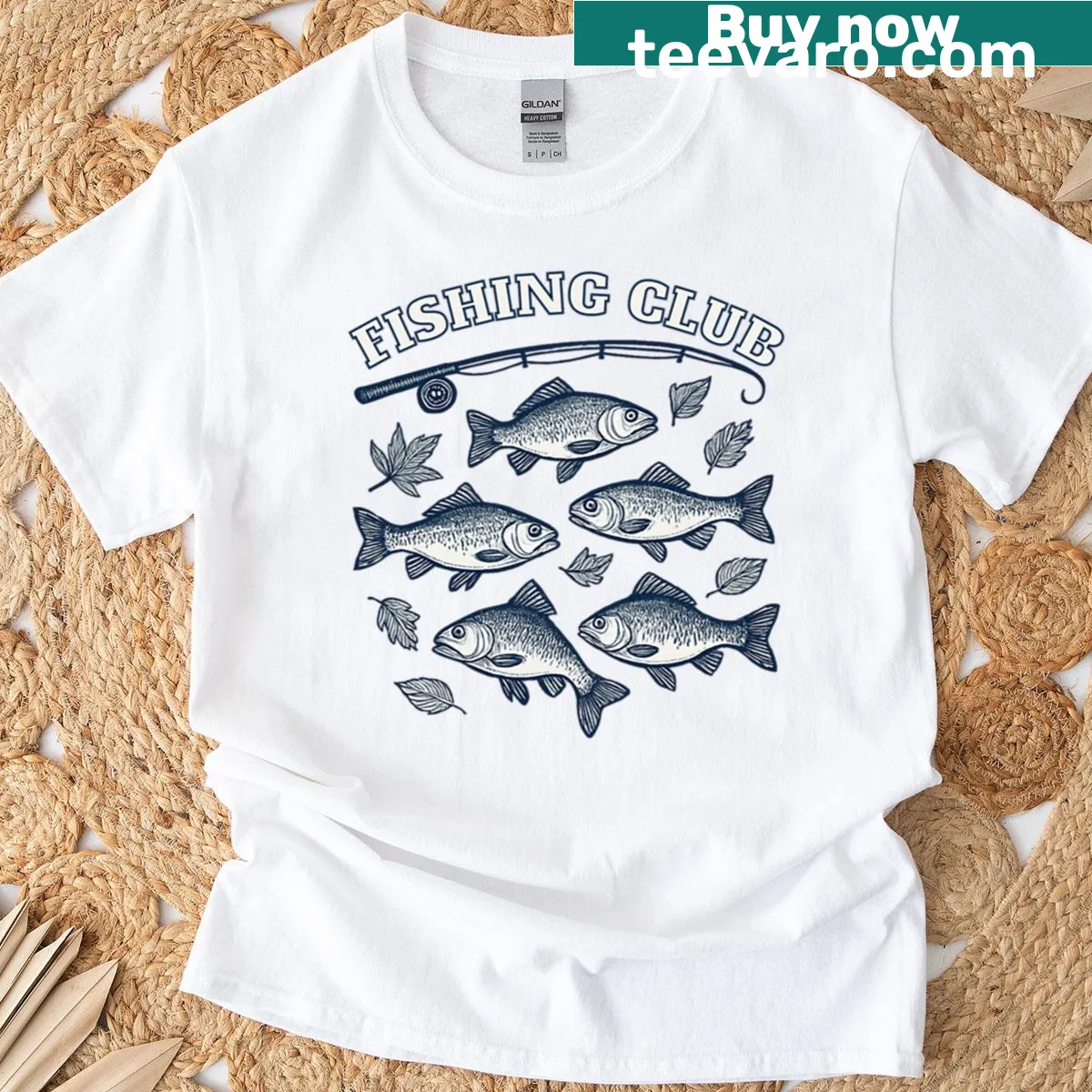 Fishing Club T-shirt with a badge-style logo design — on a men's t-shirt