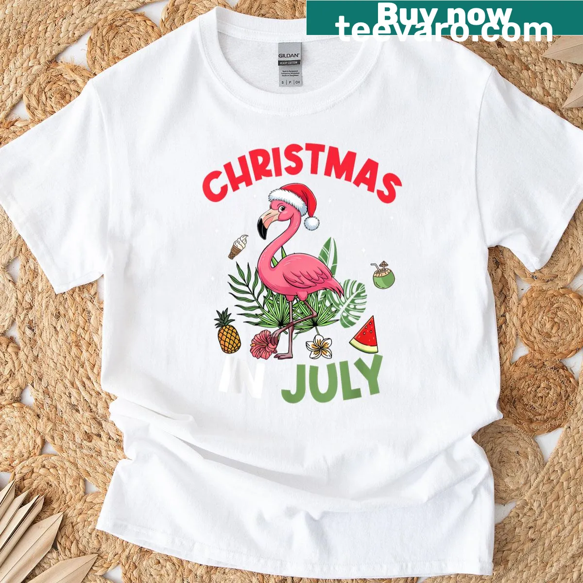 Vintage Flamingo Christmas design for summer Hawaii t-shirt — on a men's t-shirt