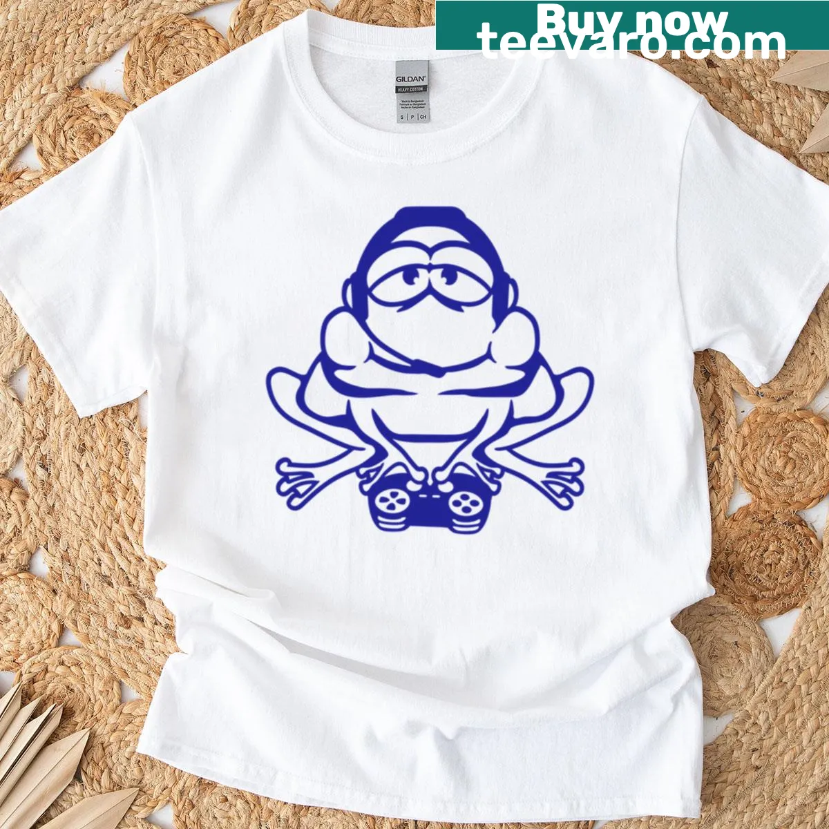 Funny T-shirt with cartoon frog wearing headset for gaming — on a men's t-shirt