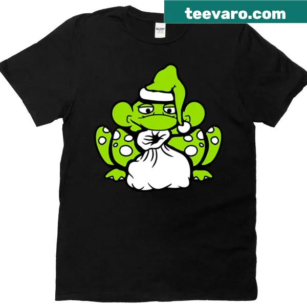 Cartoon T-shirt of a frog wearing a Santa hat for Christmas