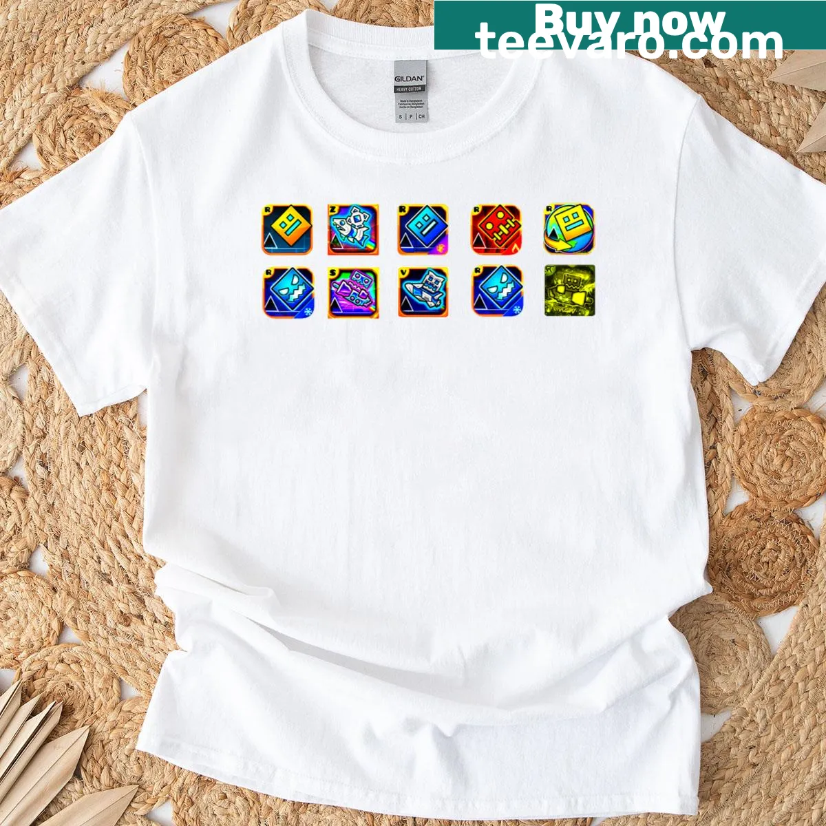 Funny graphic T-shirt with video game and geometry themes — on a men's t-shirt