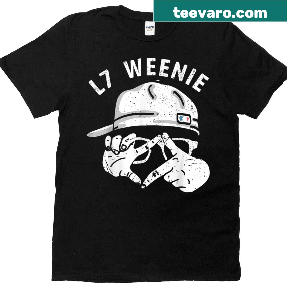 Humorous T-shirt with baseball graphic and 'L7 Weenie' text — on a men's t-shirt