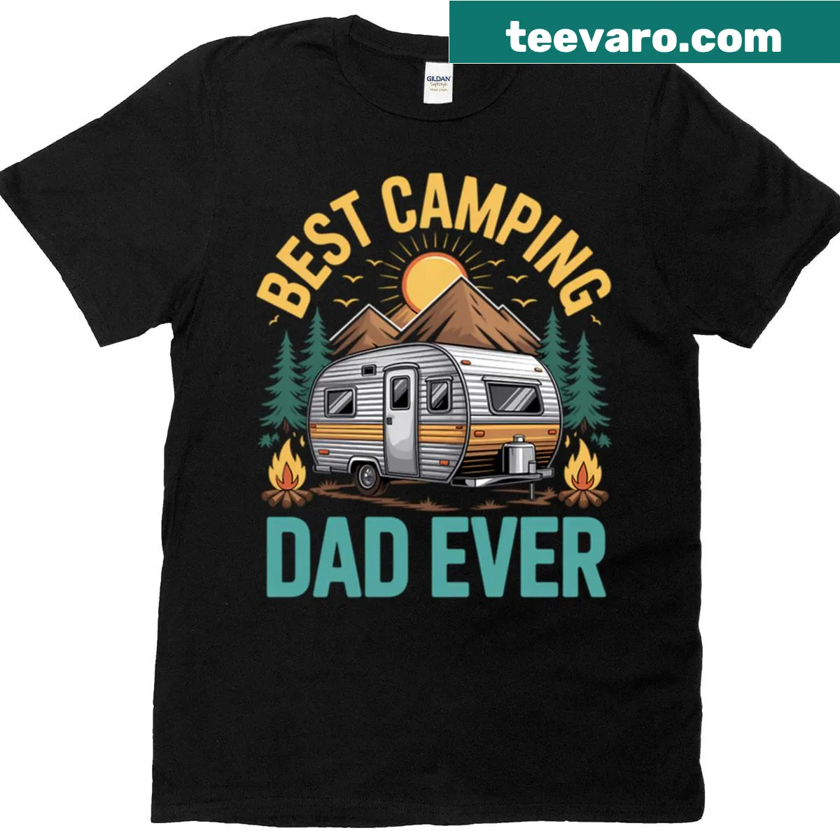 Cute Camping Dad T-shirt featuring whimsical camping graphics — on a men's t-shirt
