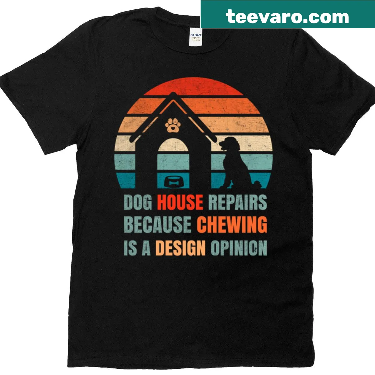 Funny dog t-shirt with humorous saying about house repairs and chewing — on a men's t-shirt