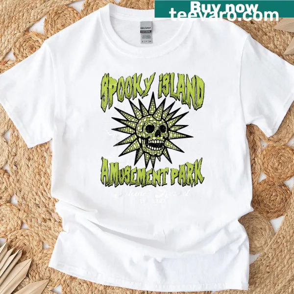 Halloween t-shirt with a fun skull design and 'Spooky Island Est 2002' text.
