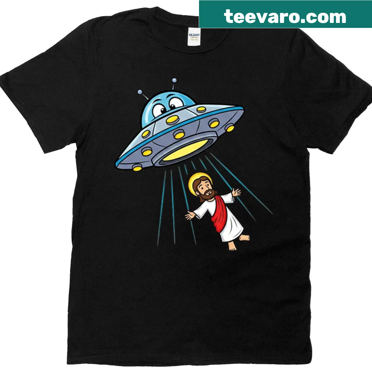 Playful Jesus graphic t-shirt with lighthearted religious theme — on a men's t-shirt