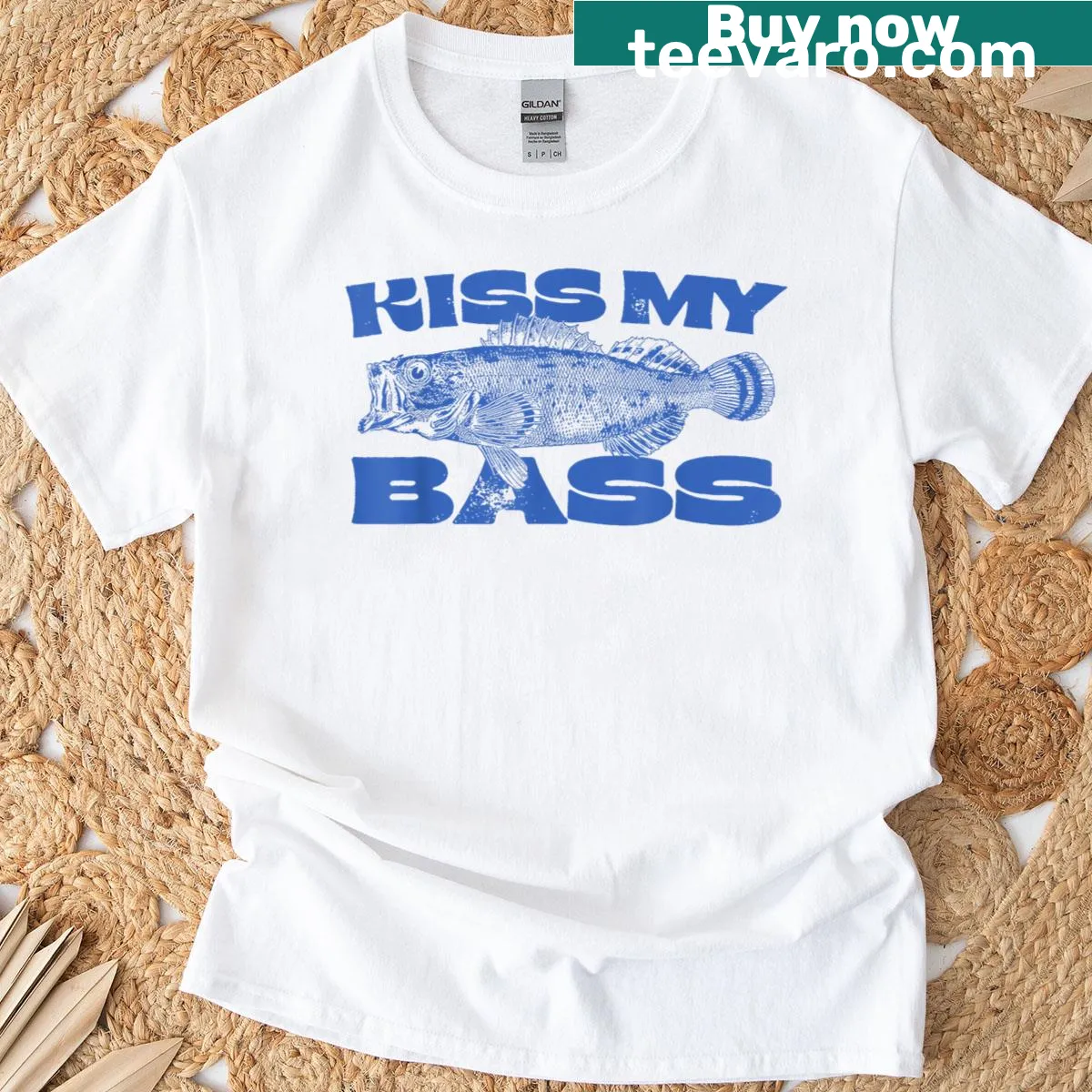 T-shirt with 'Kiss My-Bass' phrase and fish graphic — on a men's t-shirt