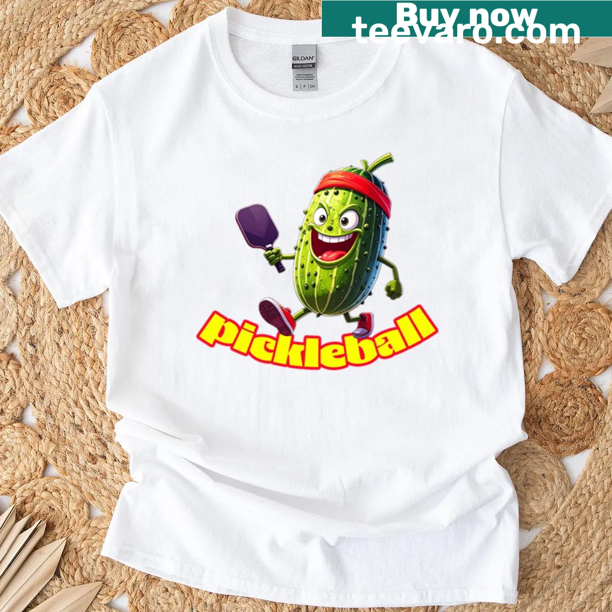 Cartoon pickle playing pickleball with pun text — on a men's t-shirt