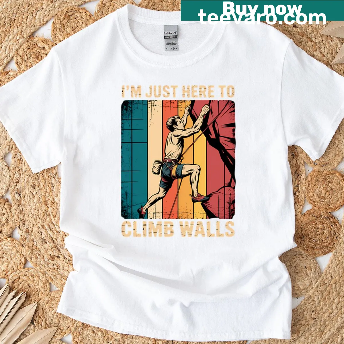Vintage rock climbing t-shirt with humorous bouldering graphic — on a men's t-shirt