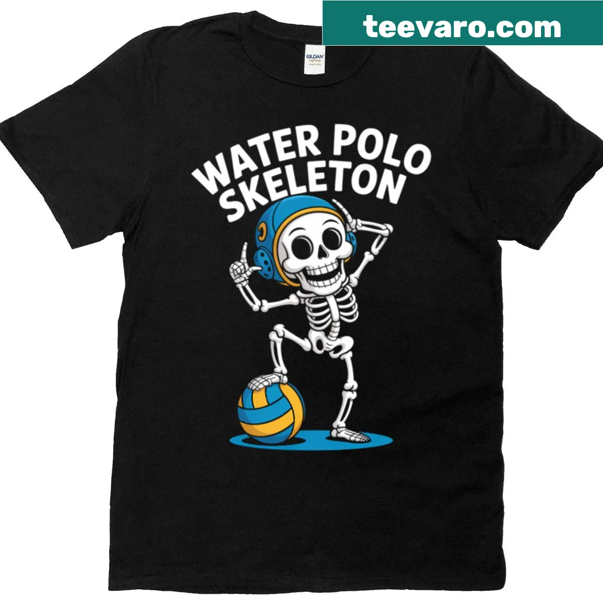Humorous skeleton graphic t-shirt for water polo — on a men's t-shirt