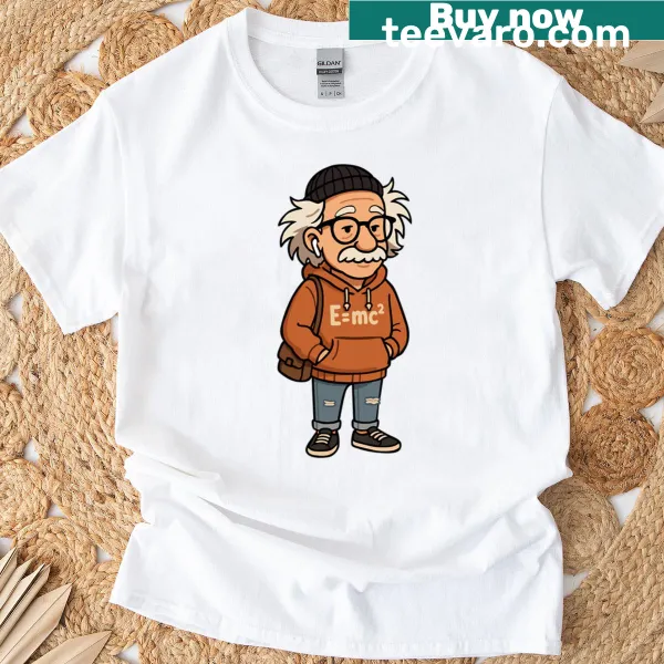 Illustrated t-shirt of Albert Einstein celebrating curiosity