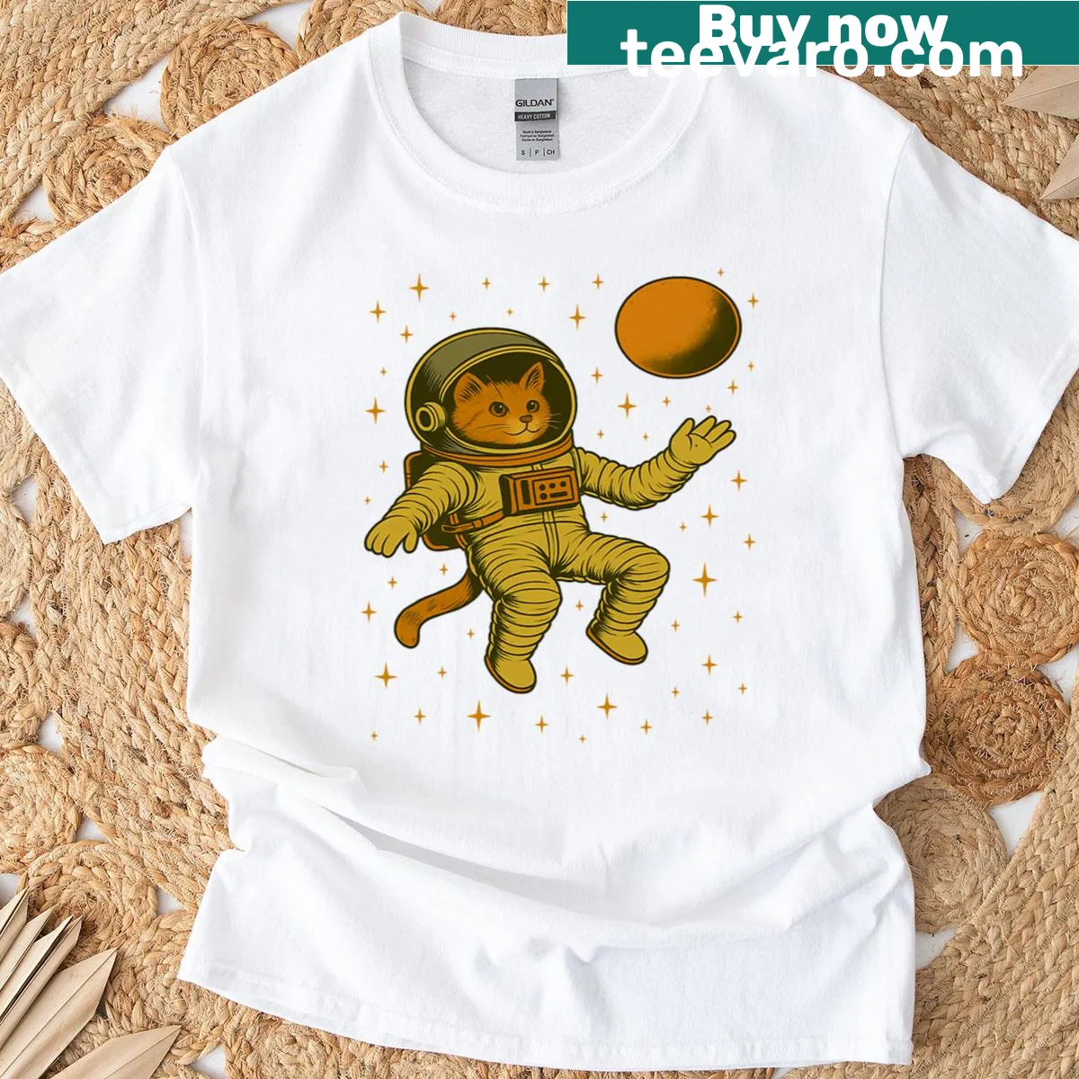 Illustration of a ginger cat floating in space on a T-shirt — on a men's t-shirt