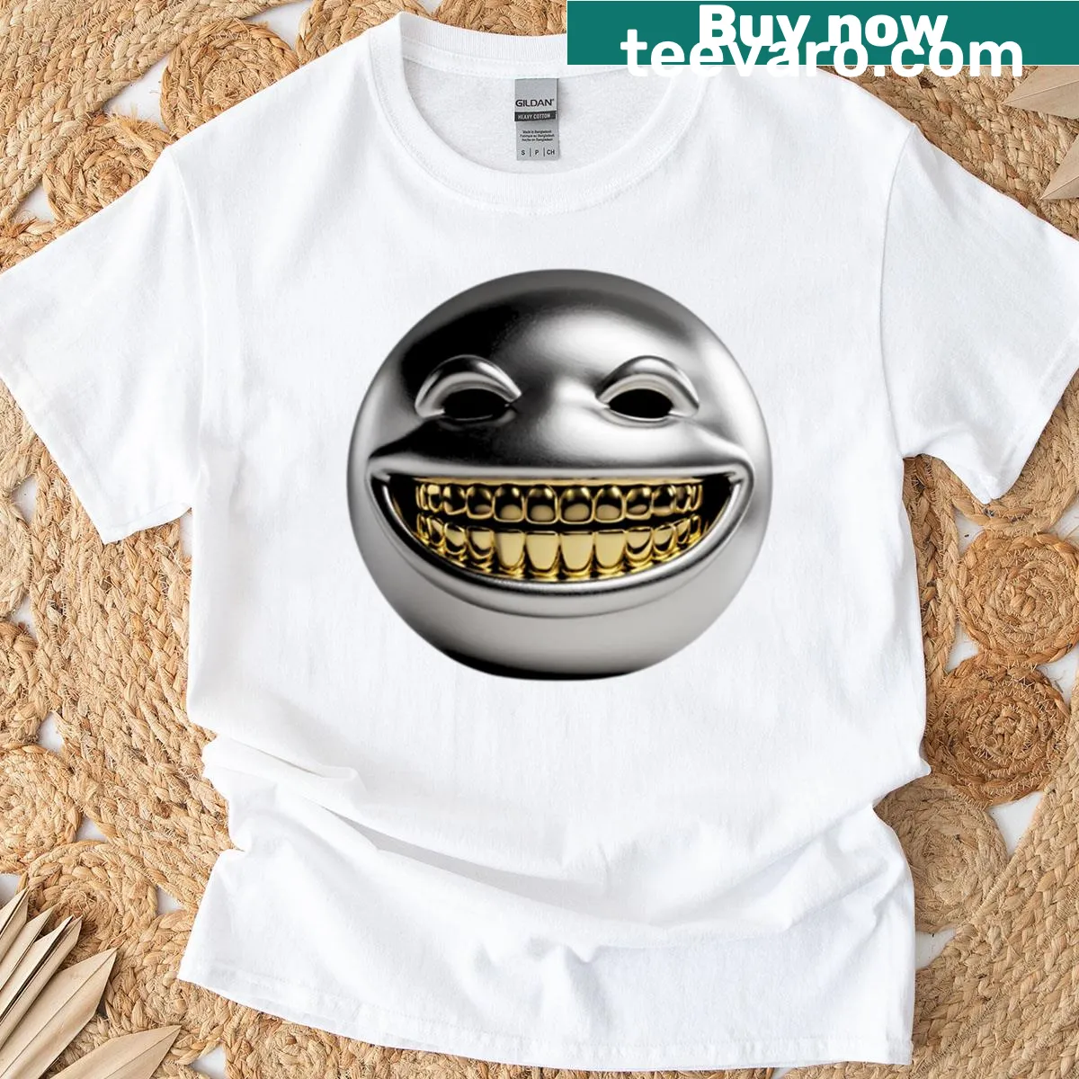 Bold graphic of a gold grill on a stylish T-shirt — on a men's t-shirt