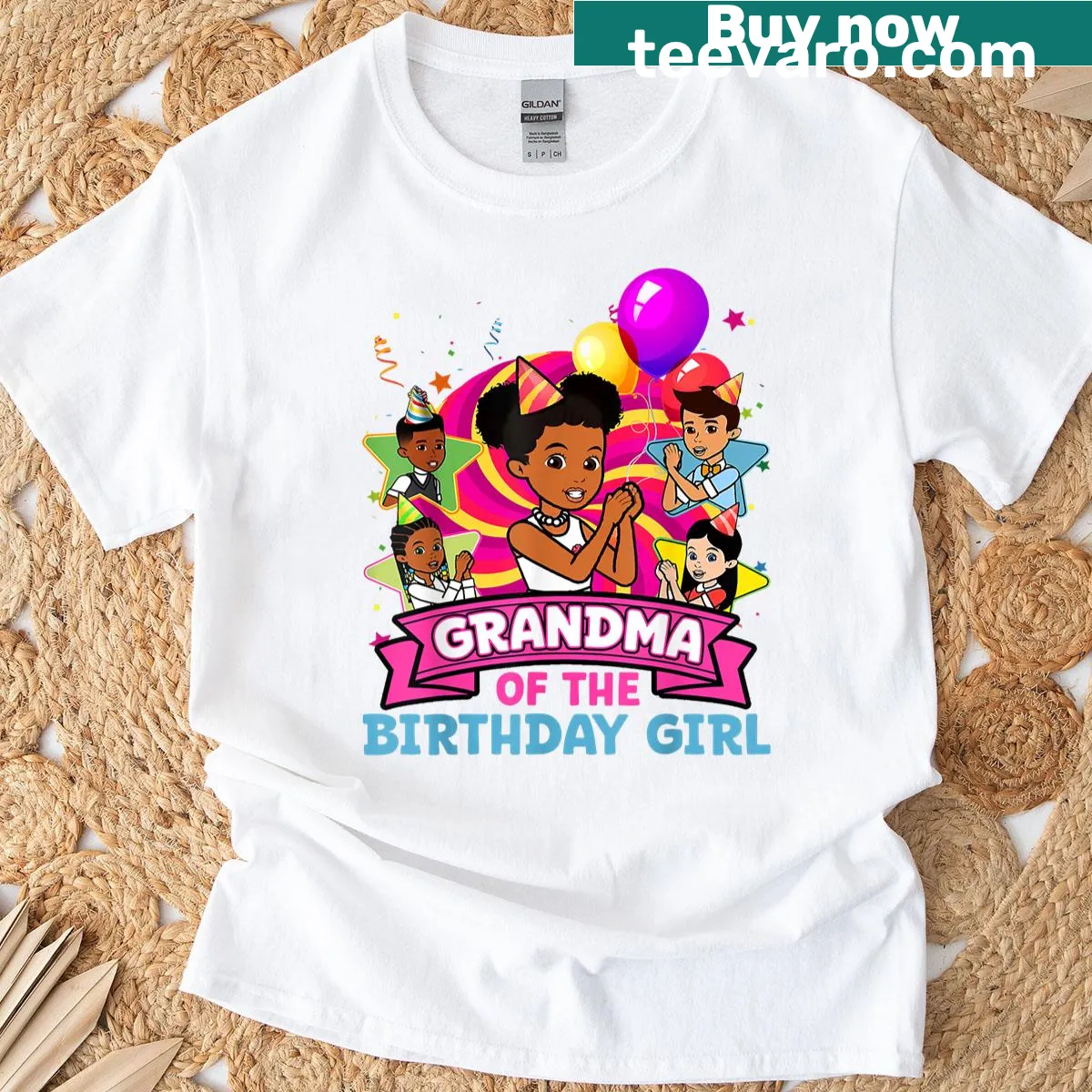 Illustrative t-shirt celebrating 'Grandma The Birthday Girl' — on a men's t-shirt