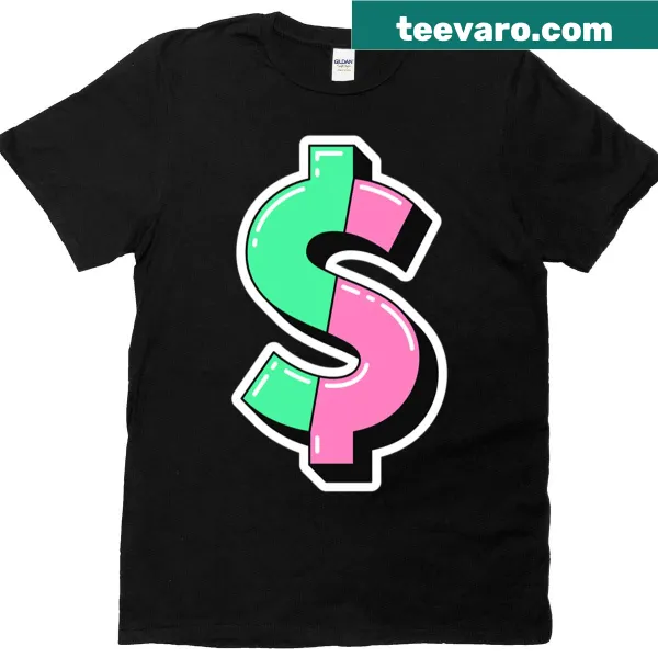 Pop art T-shirt with green and pink dollar sign graphics
