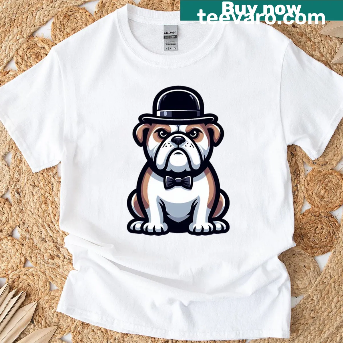Cartoon bulldog wearing a bowler hat in a bold design — on a men's t-shirt