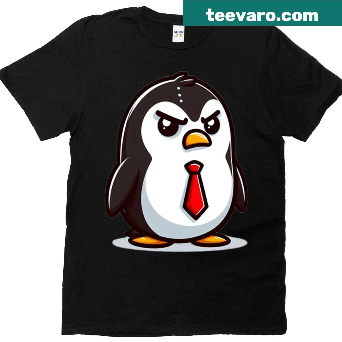 Funny oversized t-shirt featuring a grumpy cartoon penguin in a tie — on a men's t-shirt