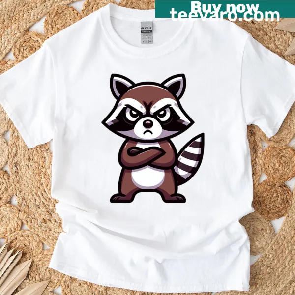 Cartoon raccoon with crossed arms on a moody design t-shirt