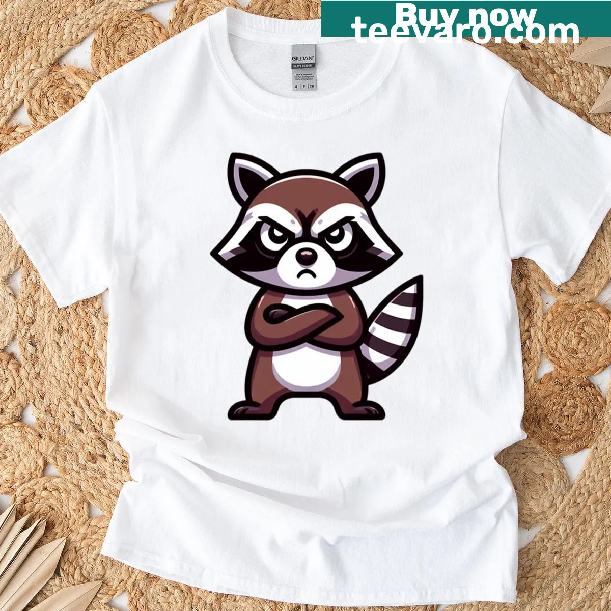 Cartoon raccoon with crossed arms on a moody design t-shirt — on a men's t-shirt