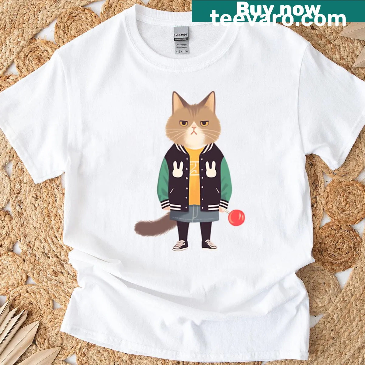 Grumpy cat in street style with a giant lollipop on t-shirt — on a men's t-shirt