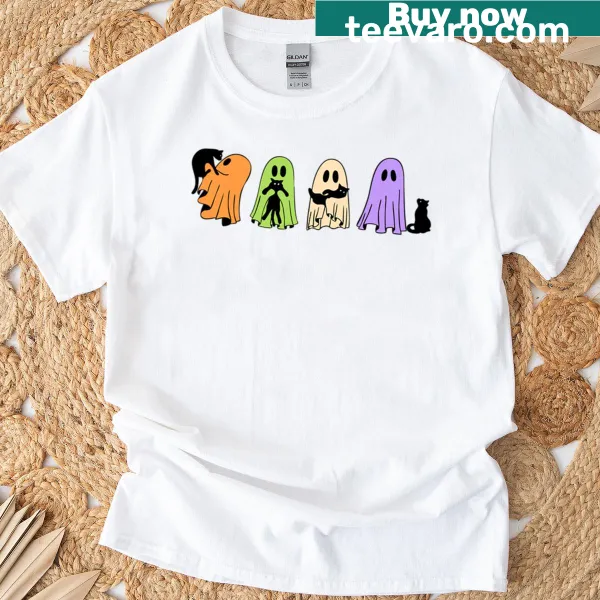 Cute black cat peeking from behind a ghost for Halloween t-shirt