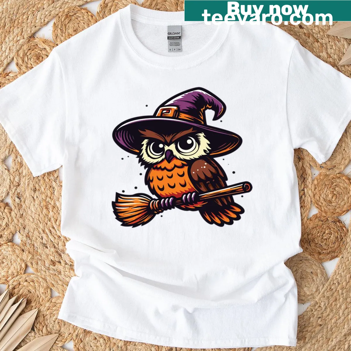 Cute owl with witch hat on a besom in Halloween design t-shirt — on a men's t-shirt