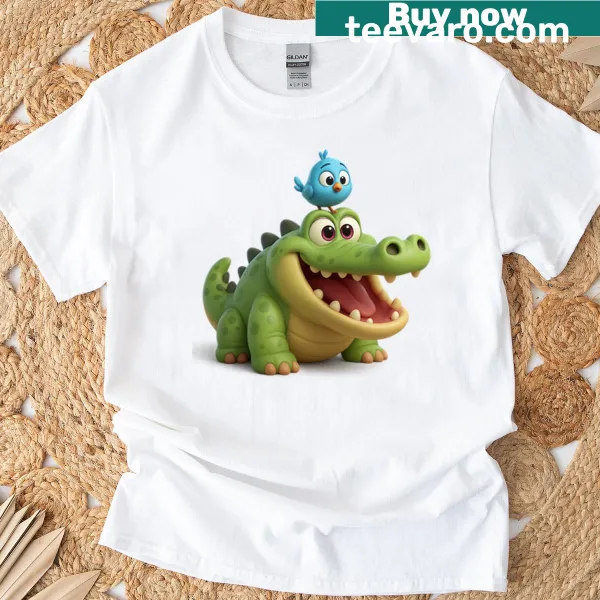 Happy crocodile with bird design on oversized t-shirt