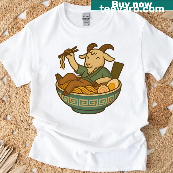 Happy goat enjoying ramen noodles illustration t-shirt