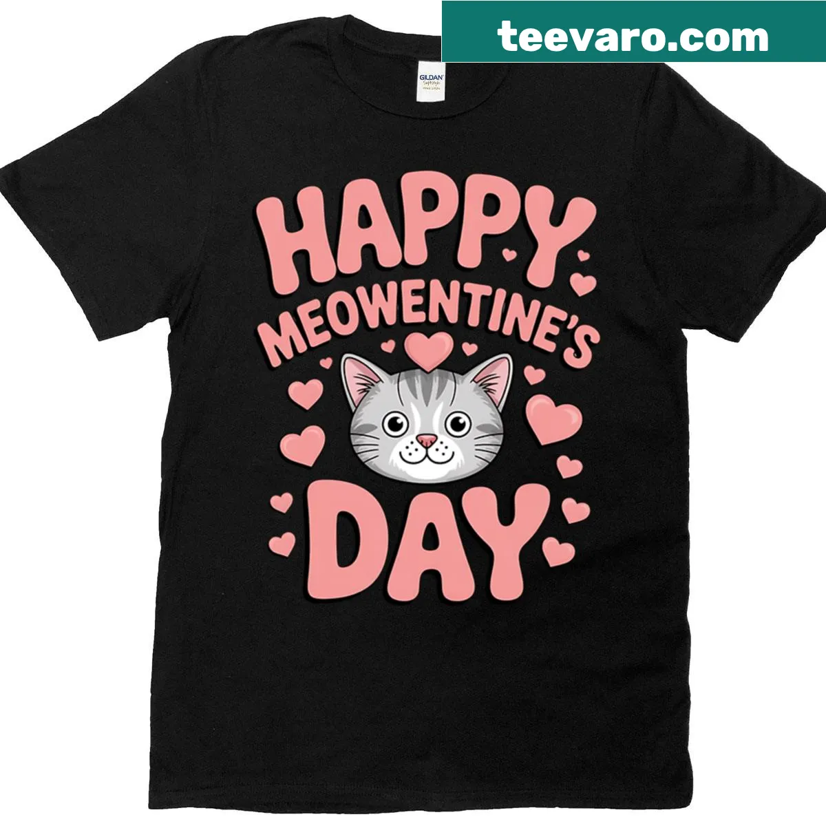 Funny Valentine's Day T-shirt with a cat and 'Happy Meowentines Day' text — on a men's t-shirt