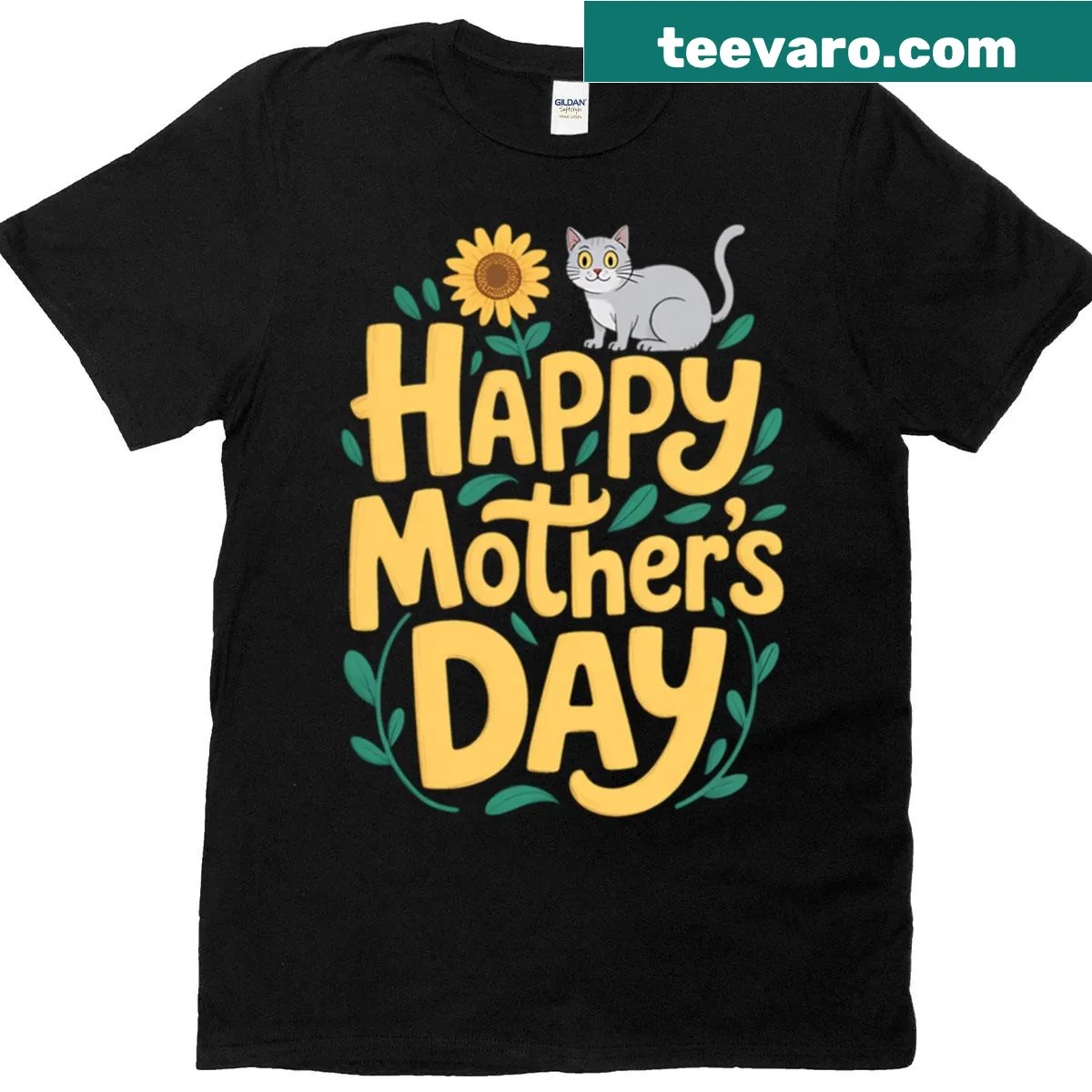 Mother's Day t-shirt with sunflowers and cat-themed text — on a men's t-shirt