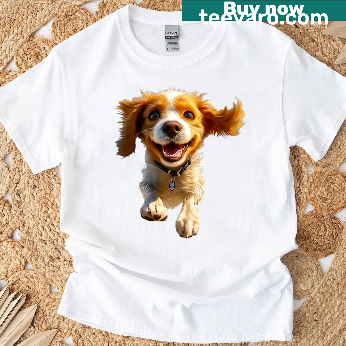Illustration of a happy running dog with a big smile — on a men's t-shirt