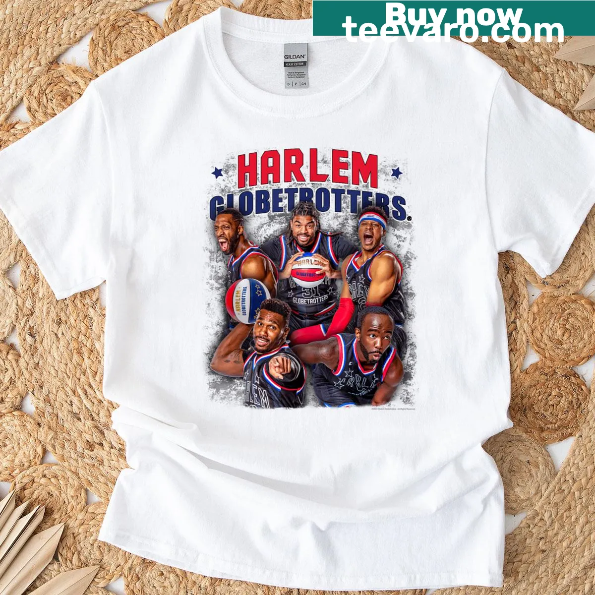 T-shirt featuring a team photo illustration of the Harlem Globetrotters. — on a men's t-shirt