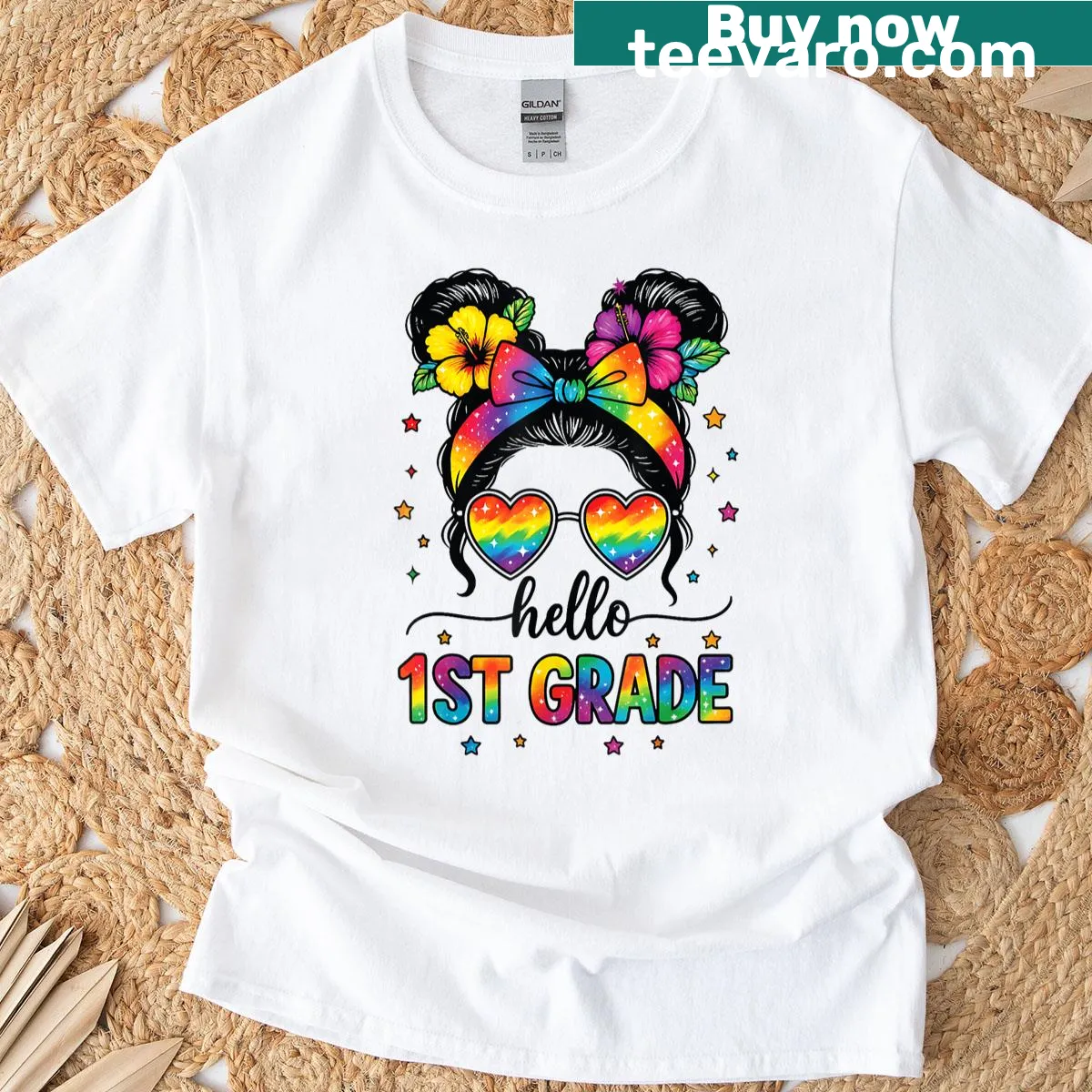 Cute T-shirt featuring a teacher with a messy bun greeting 1st graders. — on a men's t-shirt