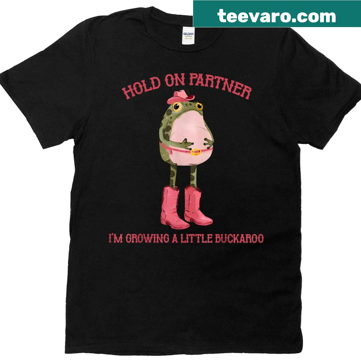 Cute pregnancy t-shirt featuring a frog and playful text — on a men's t-shirt