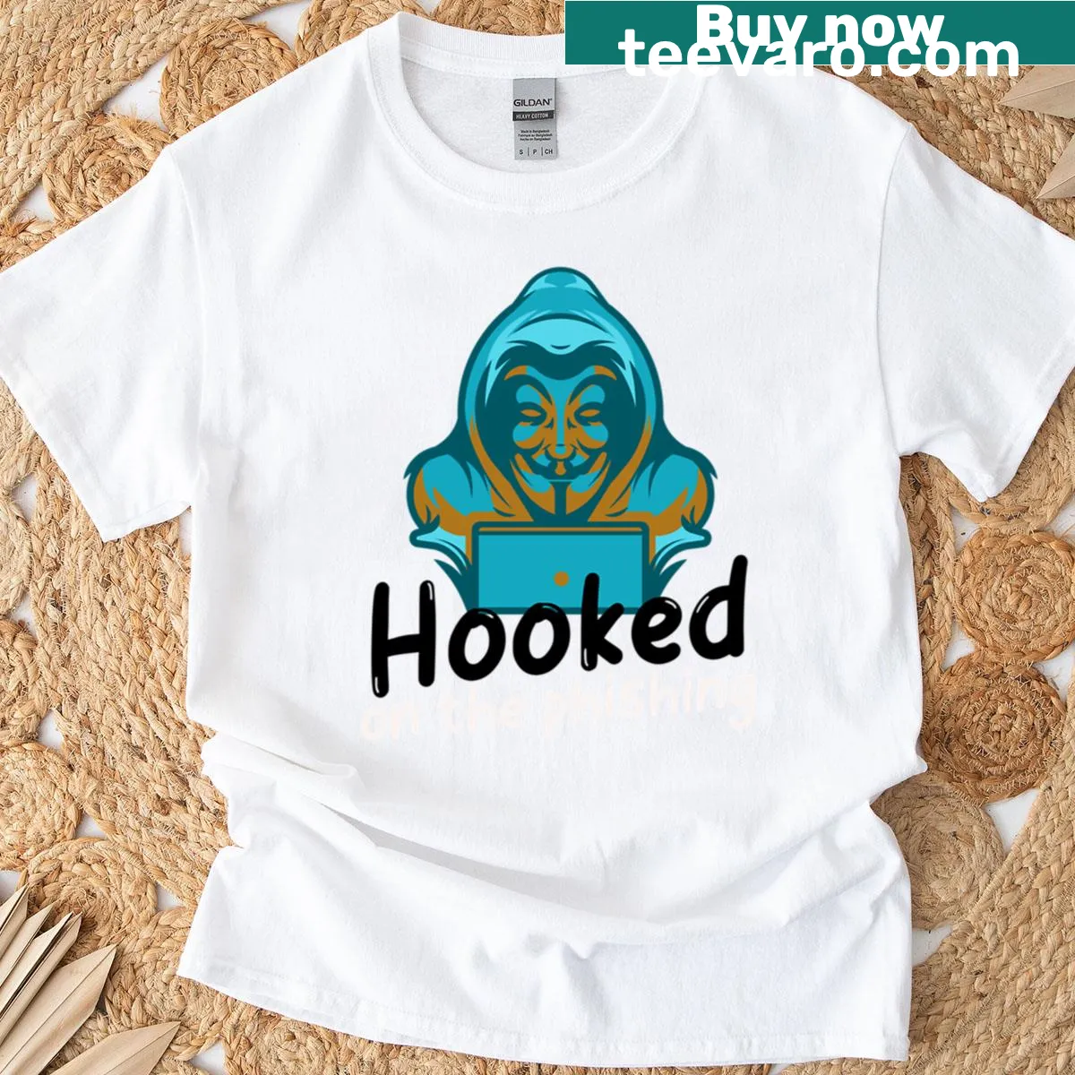 Oversized t-shirt with humorous 'Hooked On Phishing' graphic — on a men's t-shirt