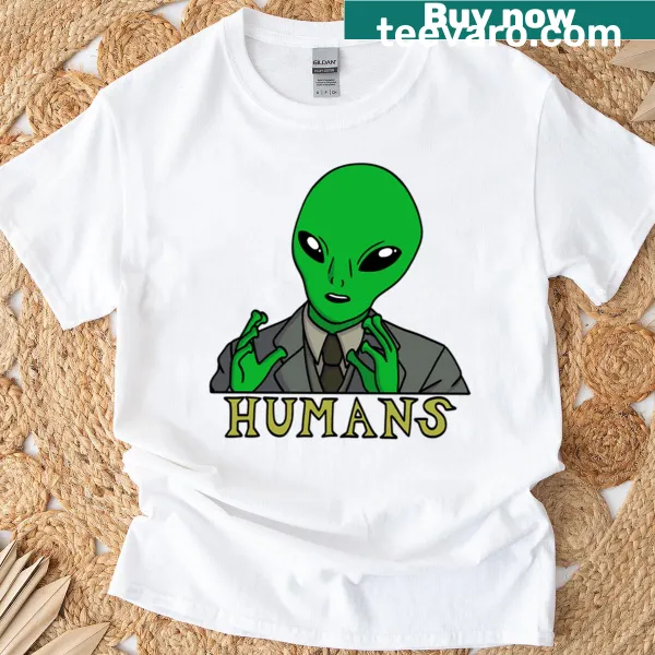 Playful t-shirt with whimsical humans and aliens graphic