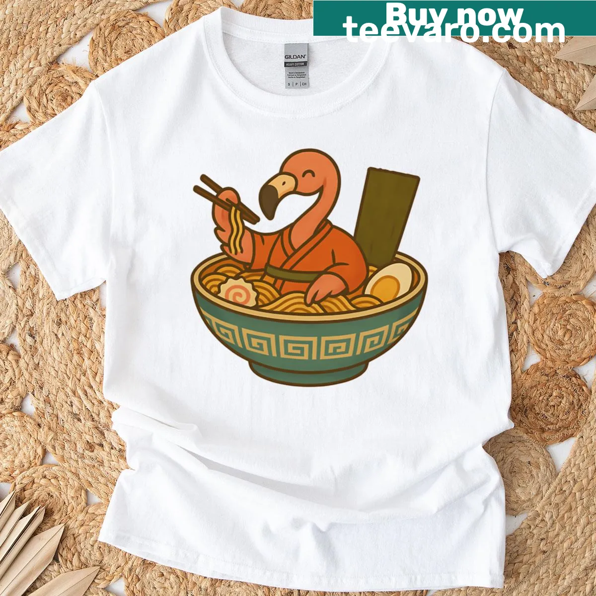Illustration of a flamingo eating ramen noodles on a T-shirt — on a men's t-shirt