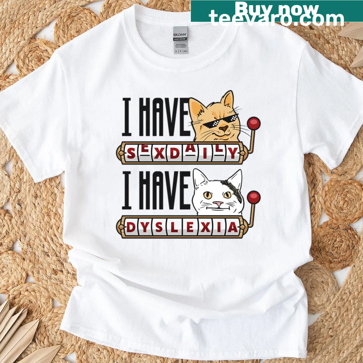 Funny oversized T-shirt with a playful dyslexia design and cat elements — on a men's t-shirt