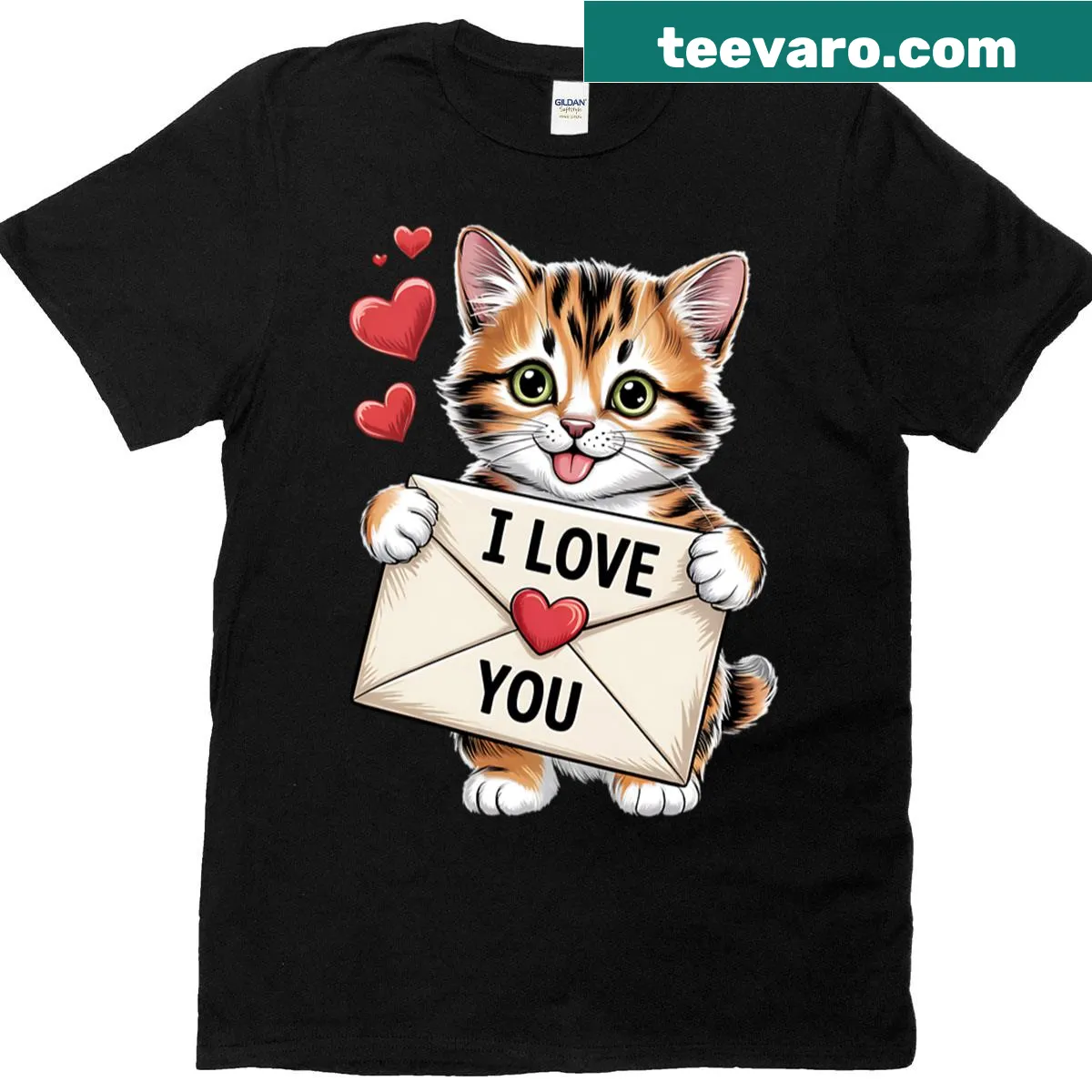 Cute kitten in heart graphic for Valentine's Day. — on a men's t-shirt
