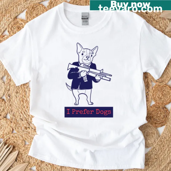 Typographic design featuring 'I Prefer Dogs' text on a cute dog-themed shirt.