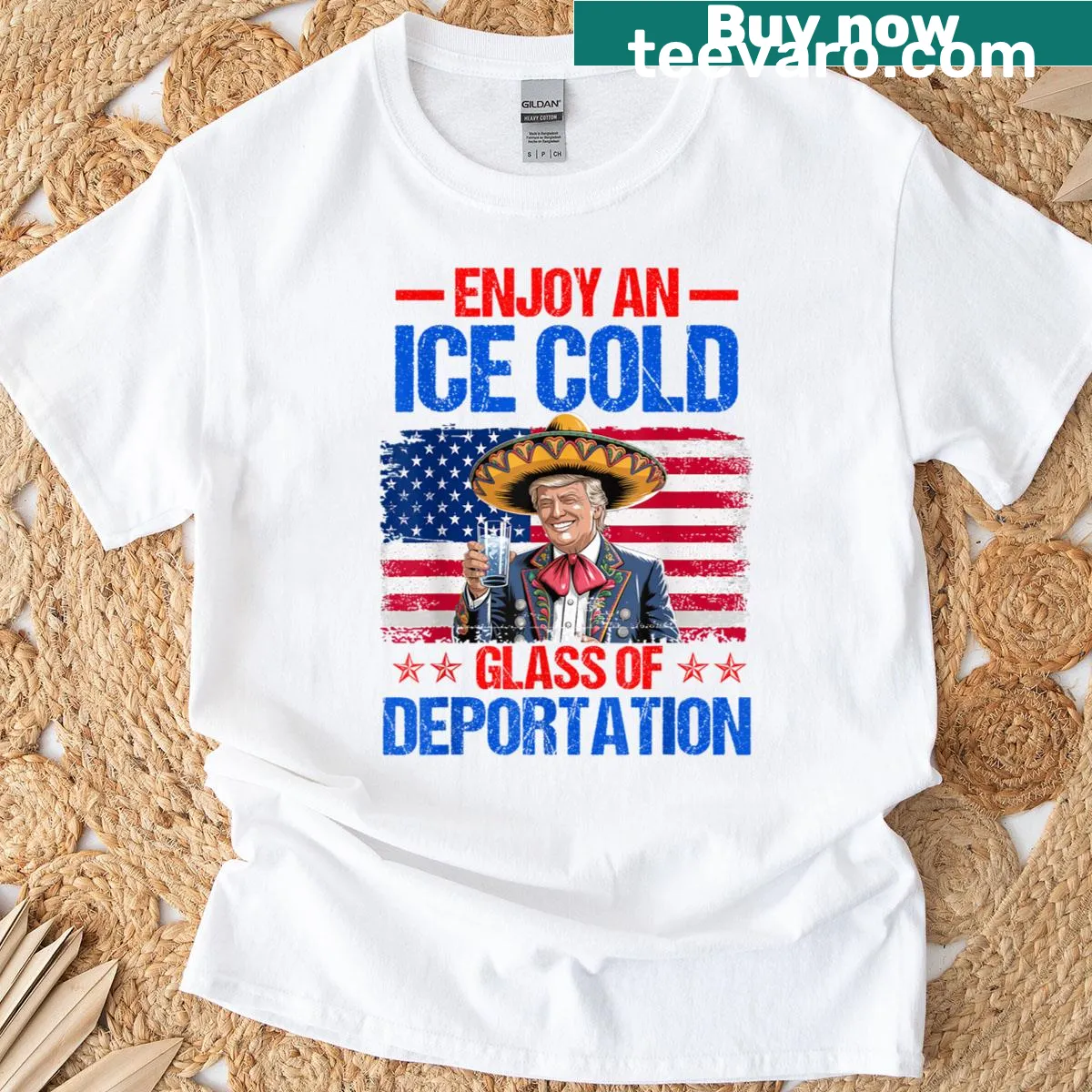 Bold humorous text about deportation on a Fourth of July T-shirt. — on a men's t-shirt