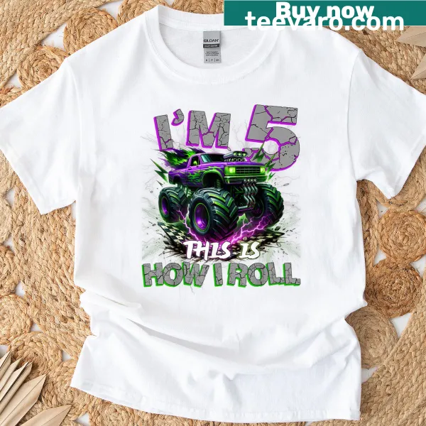 Kids T-shirt with a playful monster truck graphic for a 5th birthday.