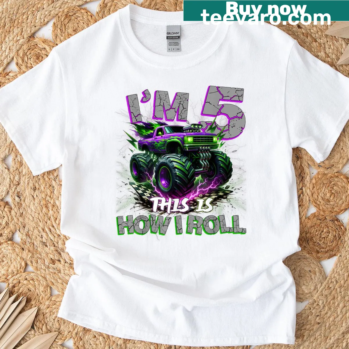 Kids T-shirt with a playful monster truck graphic for a 5th birthday. — on a men's t-shirt
