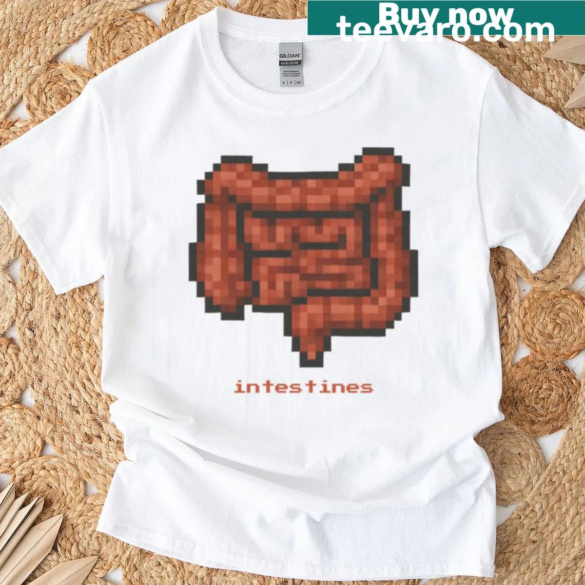 Pixel art design of intestines anatomy on a humorous T-shirt. — on a men's t-shirt