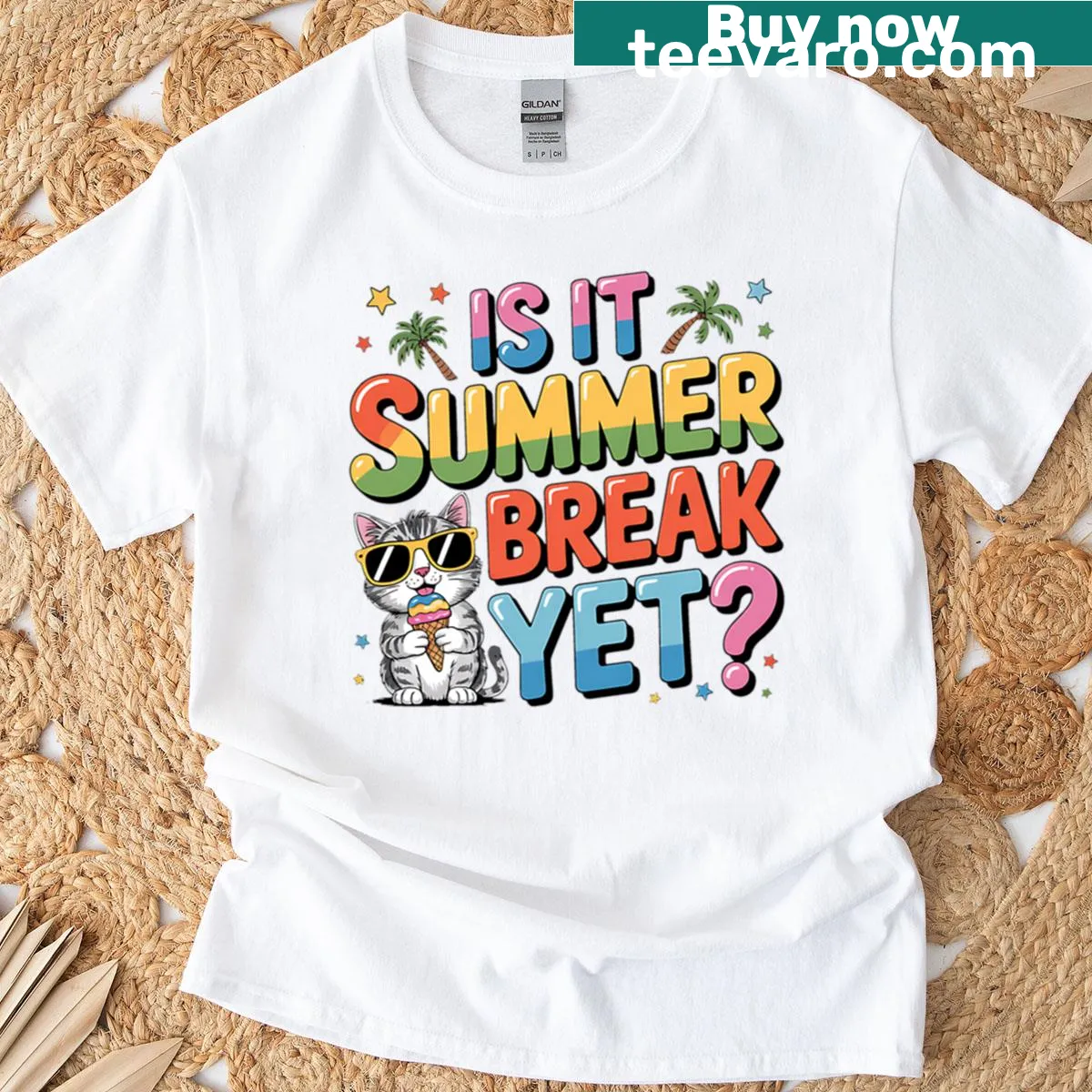 T-shirt with playful 'Is It Summer Break Yet?' text and ice cream cats — on a men's t-shirt