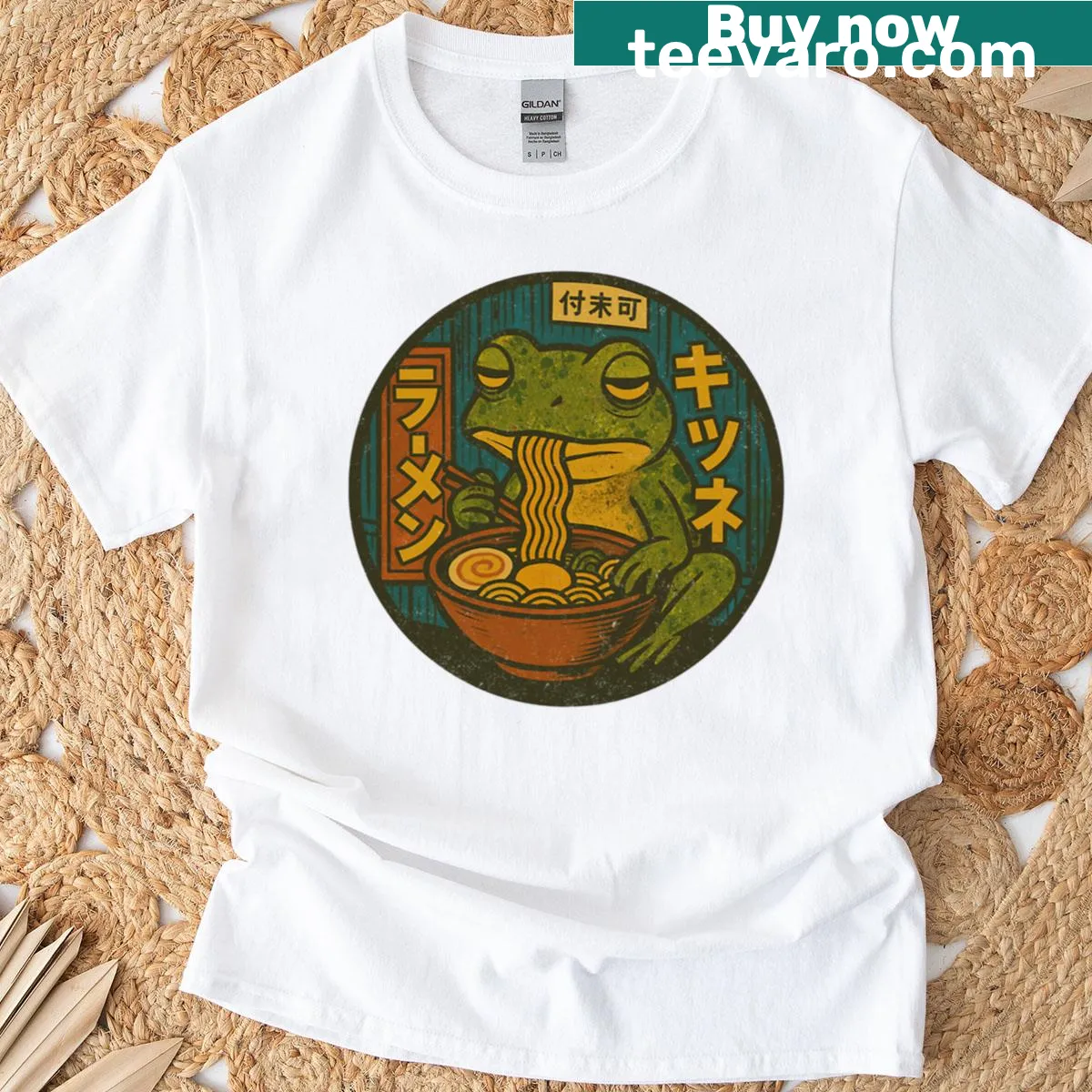 Cute vintage-style frog enjoying ramen on a T-shirt — on a men's t-shirt
