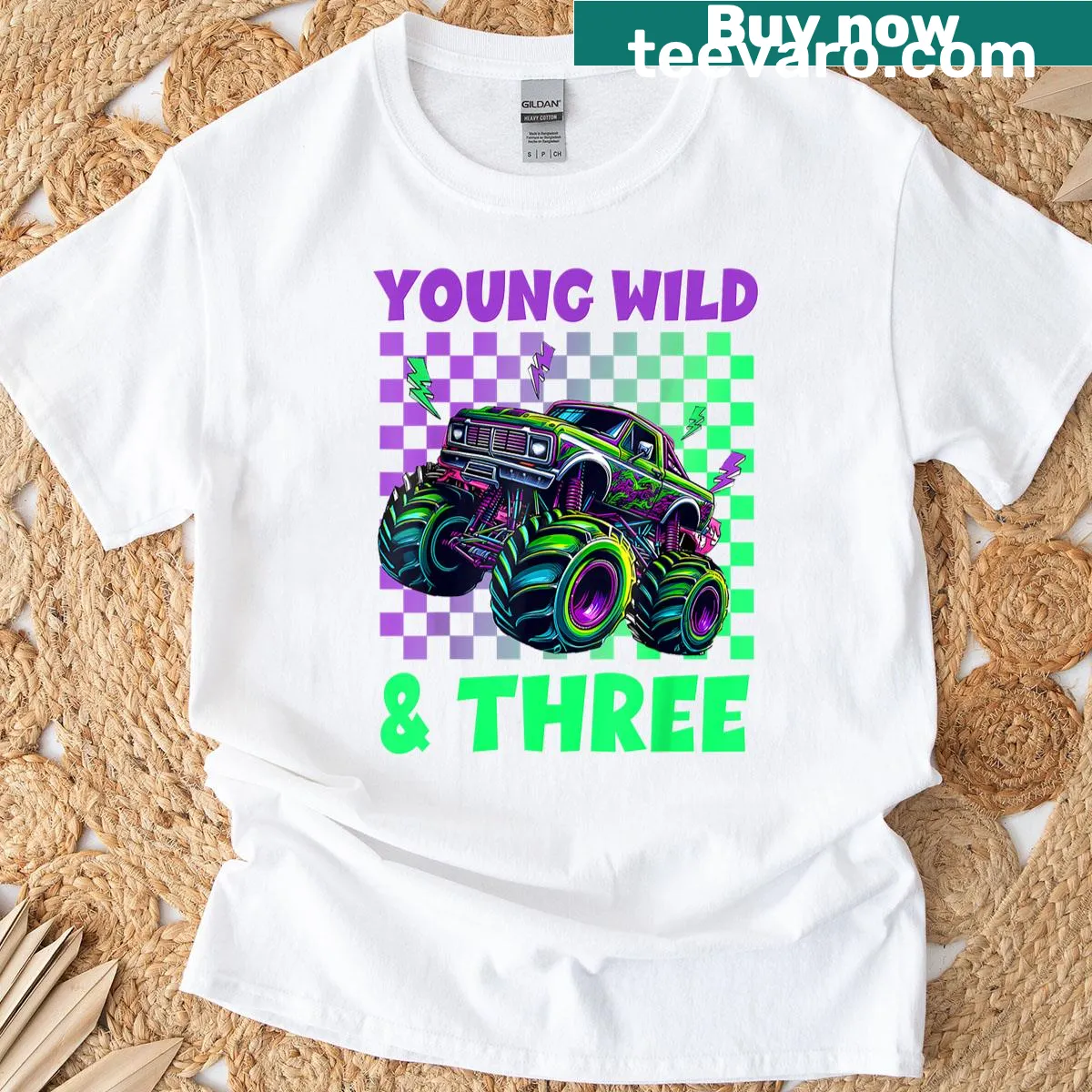 Kids T-shirt for a 3rd birthday featuring monster truck graphics and text. — on a men's t-shirt