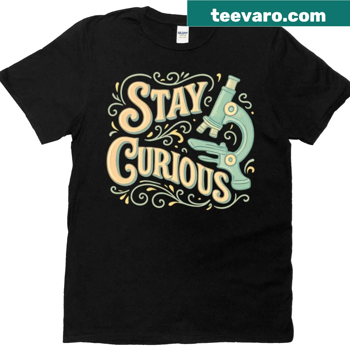 Inspirational T-shirt with 'Stay Curious' for lab techs — on a men's t-shirt