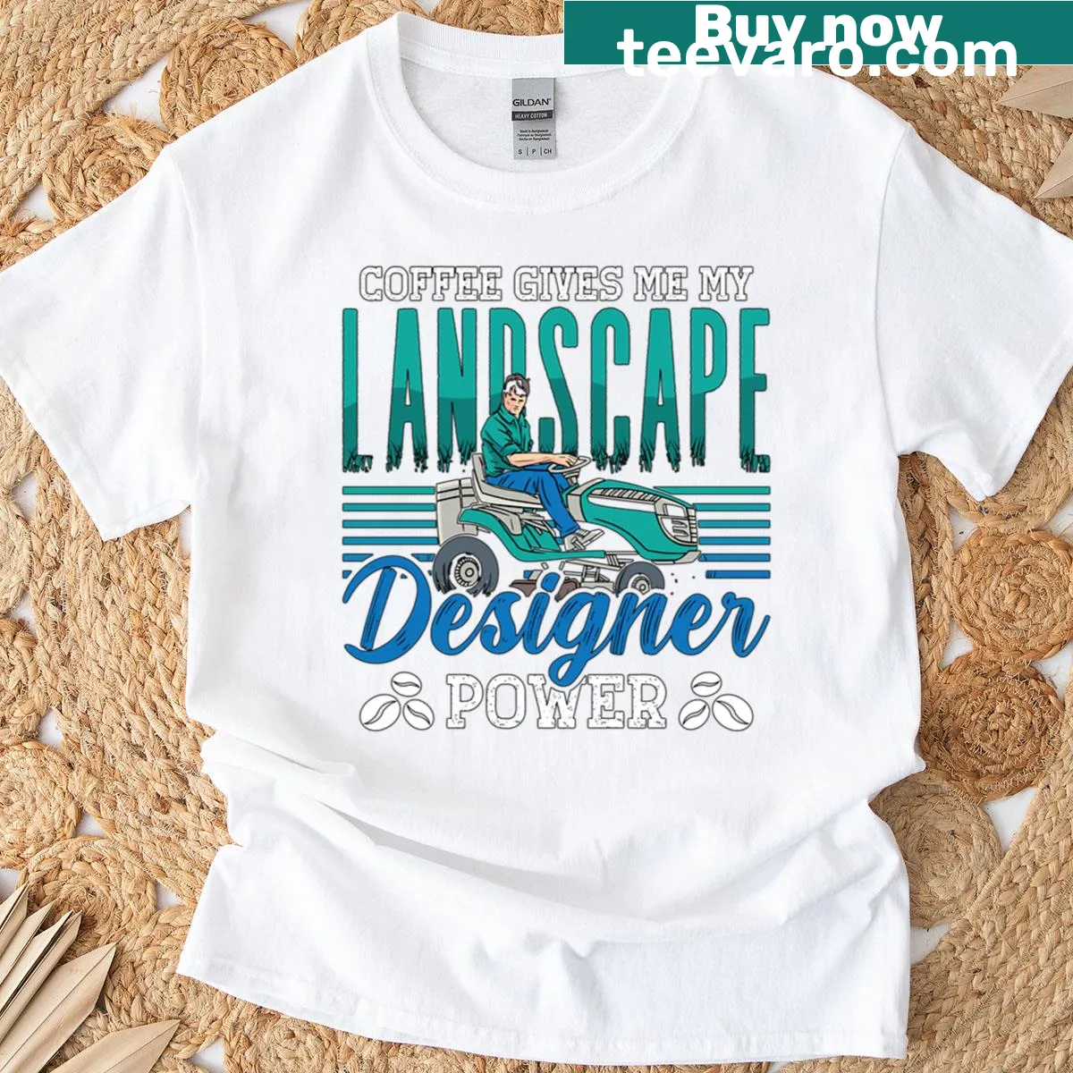 Humorous landscaper T-shirt with a lawn mower and coffee phrase. — on a men's t-shirt