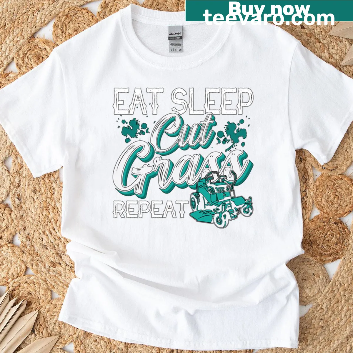 T-shirt with 'Eat Sleep Cut Grass Repeat' text for landscapers — on a men's t-shirt